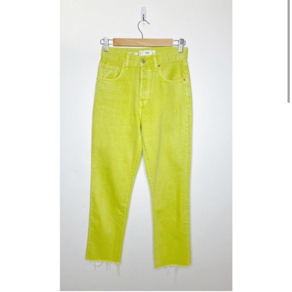 Mango MNG Havana High Waist Cropped Jeans Straight Button Fly Yellow Green 25 - Picture 4 of 7
